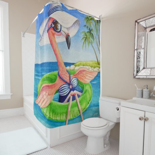 Whimsical Beach Babe Flamingo No. 3 Waterverf Art Douchegordijn (In situ)