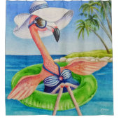Whimsical Beach Babe Flamingo No. 3 Waterverf Art Douchegordijn (Voorkant)