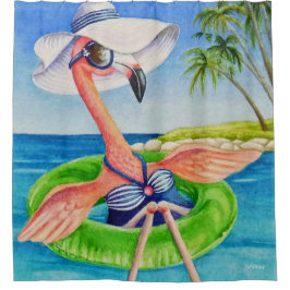 Whimsical Beach Babe Flamingo No. 3 Waterverf Art Douchegordijn