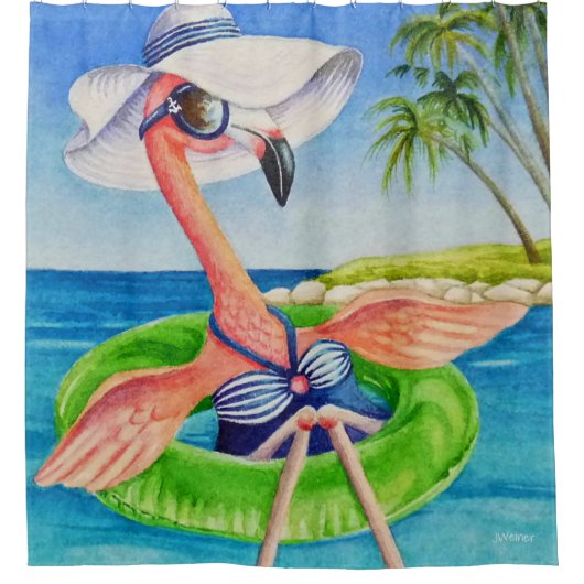 Whimsical Beach Babe Flamingo No. 3 Waterverf Art Douchegordijn (Voorkant)