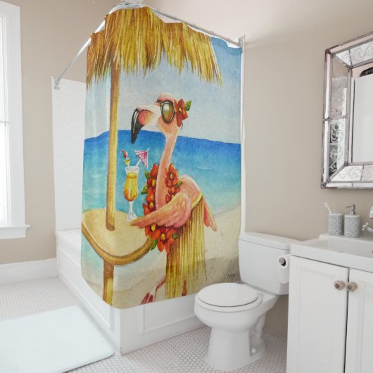 Whimsical Beach Babe Flamingo No. 4 Waterverf Art Douchegordijn (In situ)