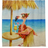 Whimsical Beach Babe Flamingo No. 4 Waterverf Art Douchegordijn (Voorkant)