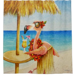 Whimsical Beach Babe Flamingo No. 4 Waterverf Art Douchegordijn