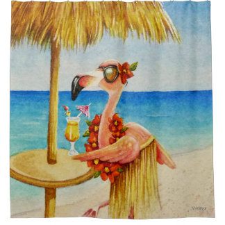 Whimsical Beach Babe Flamingo No. 4 Waterverf Art Douchegordijn