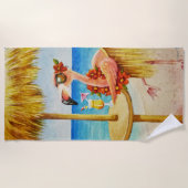 Whimsical Beach Babe Flamingo No. 4 Waterverf Art Strandlaken (Voorkant)