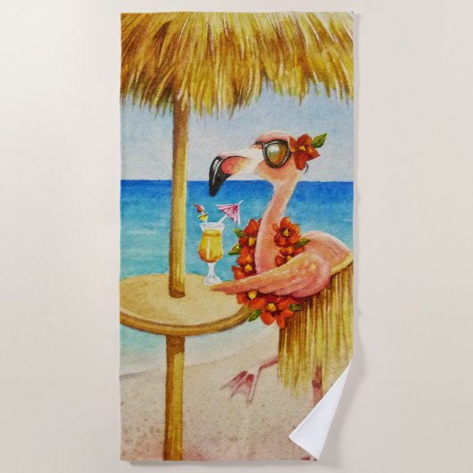 Whimsical Beach Babe Flamingo No. 4 Waterverf Art Strandlaken (Voorkant)