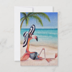 Whimsical Beach Babe Pink Flamingo No. 1 Bedankkaart