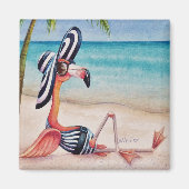 Whimsical Beach Babe Pink Flamingo No. 1 Magneet (Voorkant)