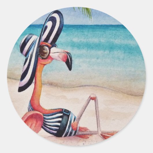 Whimsical Beach Babe Pink Flamingo No. 1 Ronde Sticker (Voorkant)