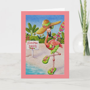 Whimsical Beach Babe Pink Flamingo No. 2 Art Kaart