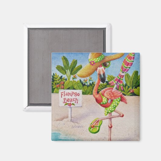 Whimsical Beach Babe Pink Flamingo No. 2 Magneet (Voorkant / Achterkant)