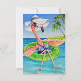 Whimsical Beach Babe Pink Flamingo No. 3 Bedankkaart