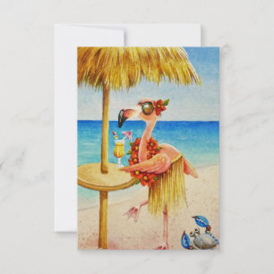 Whimsical Beach Babe Pink Flamingo No. 4 Bedankkaart