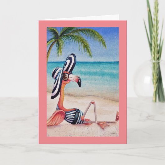 Whimsical Beach Babe Roze Flamingo Nr. 1 Kunst Kaart (Voorkant)