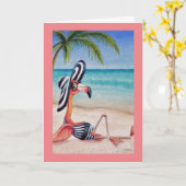 Whimsical Beach Babe Roze Flamingo Nr. 1 Kunst Kaart (Gele Bloem)