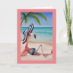 Whimsical Beach Babe Roze Flamingo Nr. 1 Kunst Kaart