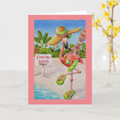 Whimsical Beach Babe Roze Flamingo Nr. 2 Kunst Kaart (Gele Bloem)