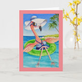 Whimsical Beach Babe Roze Flamingo Nr. 3 Kunst Kaart (Gele Bloem)