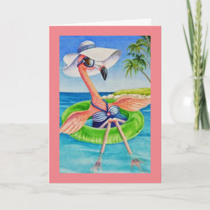 Whimsical Beach Babe Roze Flamingo Nr. 3 Kunst Kaart