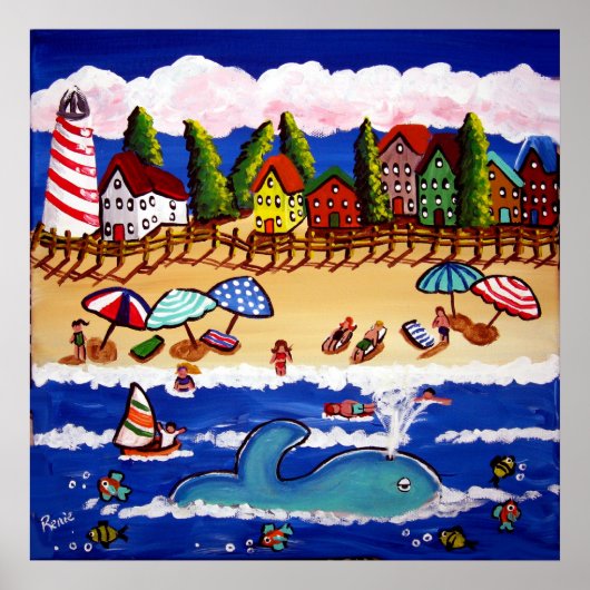 Whimsical Beach Cape Cod Whale Folk Art Poster (Voorkant)