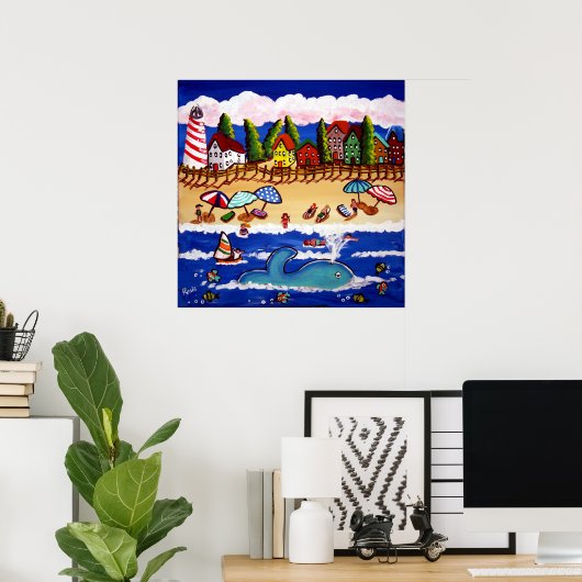 Whimsical Beach Cape Cod Whale Folk Art Poster (Thuiskantoor)