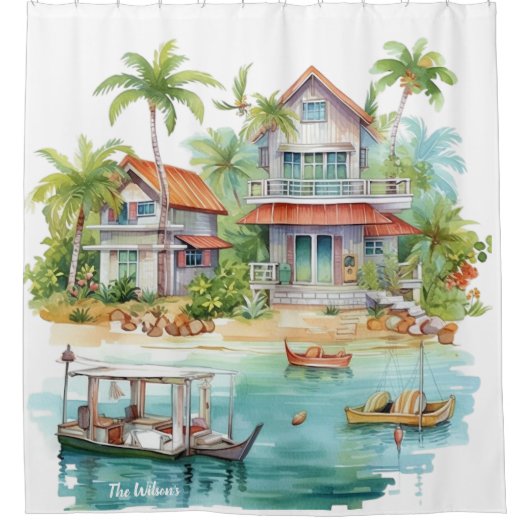 Whimsical Beach Huizen Douchegordijn (Voorkant)