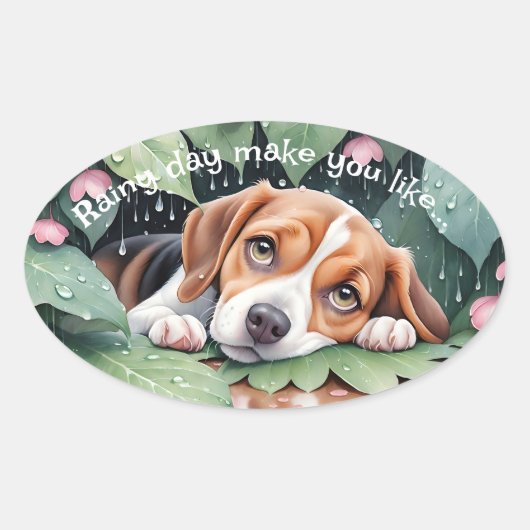 Whimsical Beagle regenachtige dag groene bladeren Ovale Sticker (Voorkant)