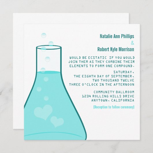 Whimsical Beaker Wedding Invite, Aqua Kaart (Voorkant / Achterkant)