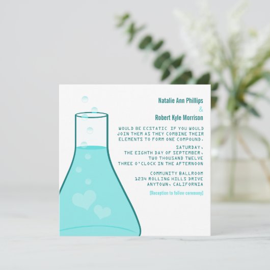 Whimsical Beaker Wedding Invite, Aqua Kaart (Staand voorkant)