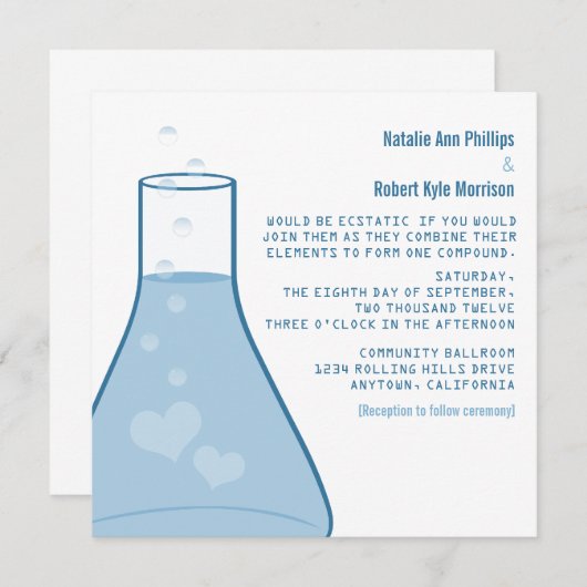 Whimsical Beaker Wedding Invite, Blue Kaart (Voorkant / Achterkant)