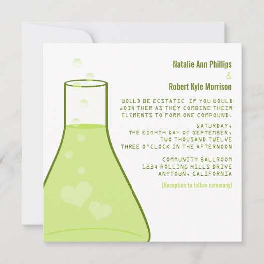 Whimsical Beaker Wedding Invite, Green Kaart (Voorkant)