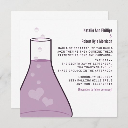 Whimsical Beaker Wedding Invite, Paars Kaart (Voorkant / Achterkant)