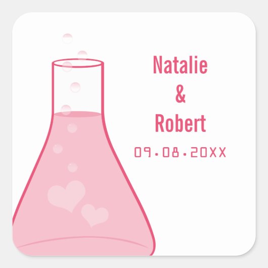Whimsical Beaker Wedding Stickers, Roze Vierkante Sticker (Voorkant)