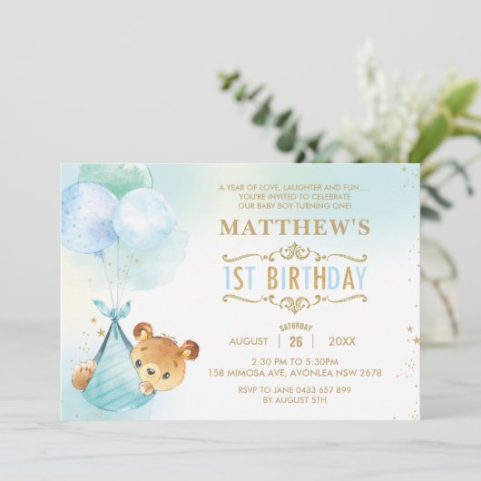 Whimsical Bear Balloons 1e verjaardag Kaart (Staand voorkant)