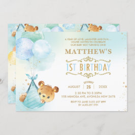 Whimsical Bear Balloons 1e verjaardag Kaart