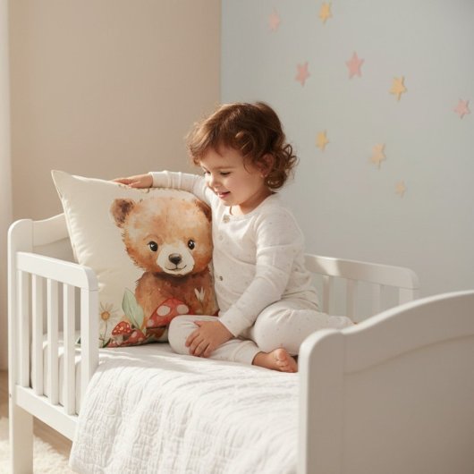 Whimsical Bear Mushroom Watercolor Childrens Room  Kussen