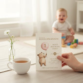 Whimsical Bear "One" Heart Balloon Birthday  Kaart