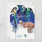 Whimsical Beaver and Snowman Northern Light Feestdagenkaart (Voorkant)