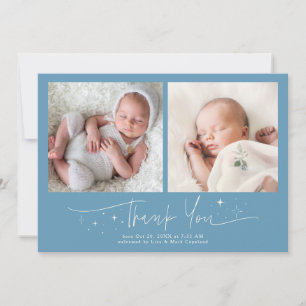 Whimsical Bedankt Script Denim Blauwe Geboorte Aankondiging