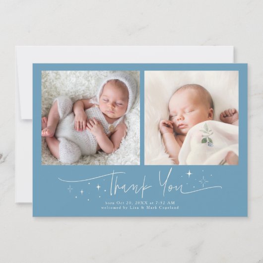 Whimsical Bedankt Script Denim Blauwe Geboorte Aankondiging (Voorkant)