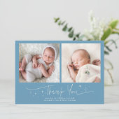 Whimsical Bedankt Script Denim Blauwe Geboorte Aankondiging (Staand voorkant)