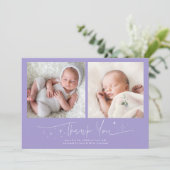 Whimsical Bedankt Script Violet Geboorte Aankondiging (Staand voorkant)