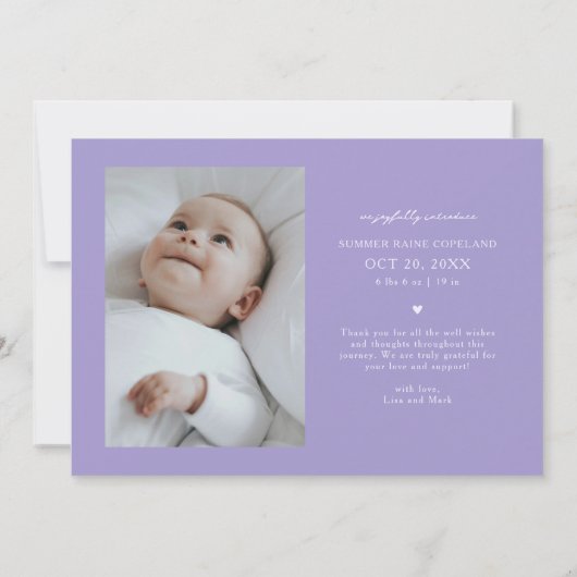 Whimsical Bedankt Script Violet Geboorte Aankondiging (Achterkant)