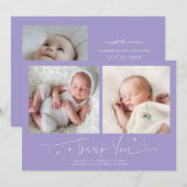 Whimsical Bedankt Script Violet Geboorte Aankondiging (Voorkant / Achterkant)