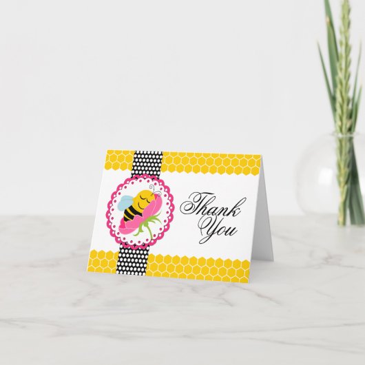 Whimsical Bee Baby shower Roze Bloem Dank u Bedankkaart (Voorkant)