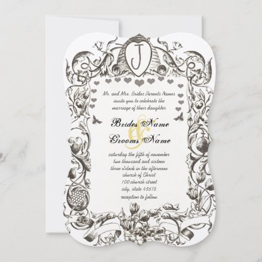 Whimsical Bee & Bee Hive Scrolled Flowers Kaart (Voorkant)