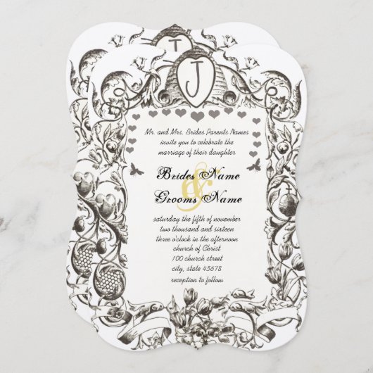 Whimsical Bee & Bee Hive Scrolled Flowers Kaart (Voorkant / Achterkant)