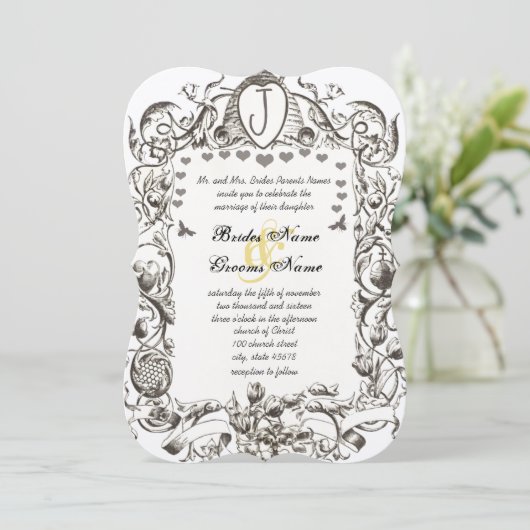 Whimsical Bee & Bee Hive Scrolled Flowers Kaart (Staand voorkant)