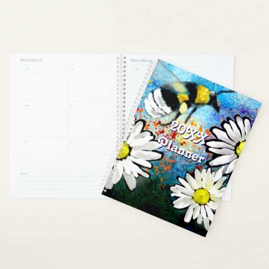 Whimsical Bee Daisies Daisy Flower Blauw Wit Planner (Display)