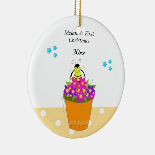 Whimsical Bee Flower Pot Baby's eerste Kerstmis Keramisch Ornament (Rechts)